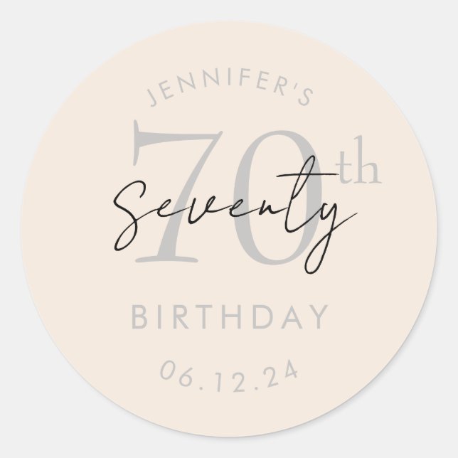 Silver Modern Script 70th Birthday Champagne  Classic Round Sticker (Front)