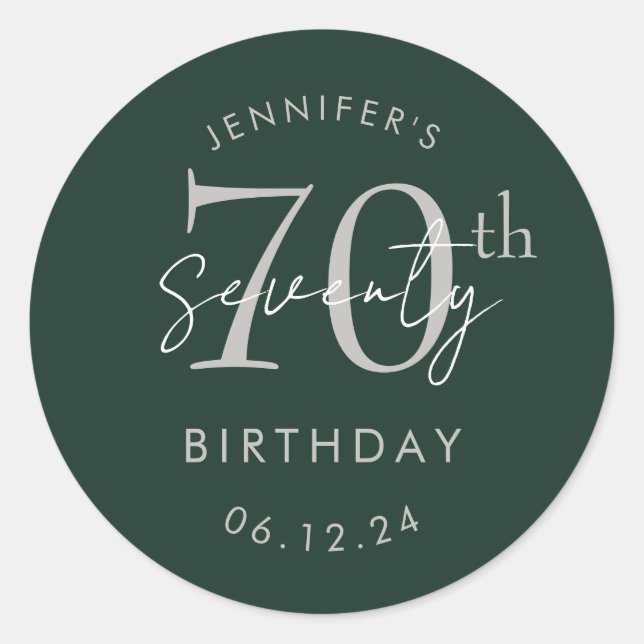 Silver Modern Script 70th Birthday Party Green Classic Round Sticker (Front)