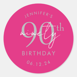 Silver Modern Script 90th Birthday Party Hot Pink Classic Round Sticker
