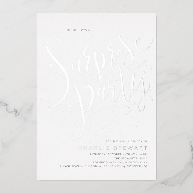 Silver Modern Simple Script Surprise Party (Front)