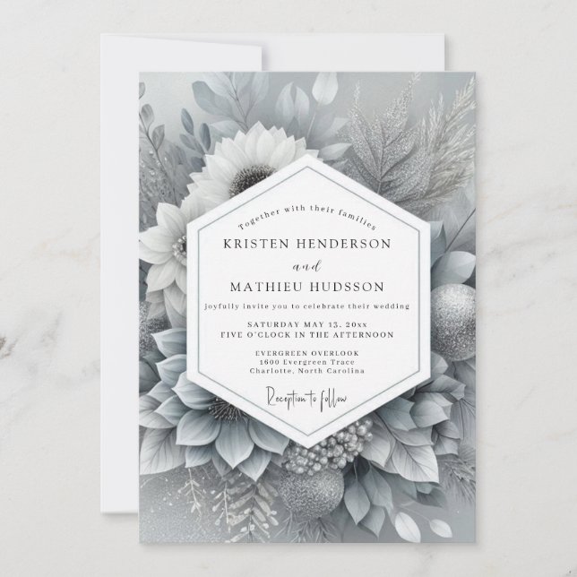 Silver Monochromatic Bloom Wedding Invitation (Front)