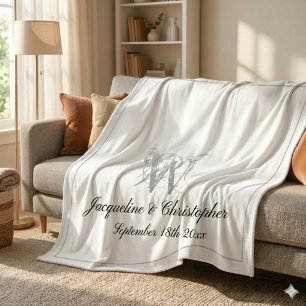 Silver Monogram Border Black Script White Newlywed Fleece Blanket