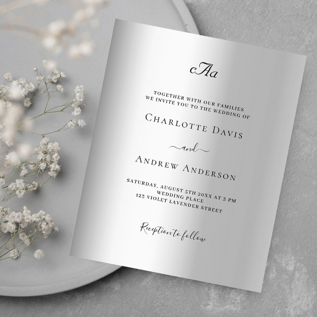 Silver monogram formal budget wedding invitation (Creator Uploaded)