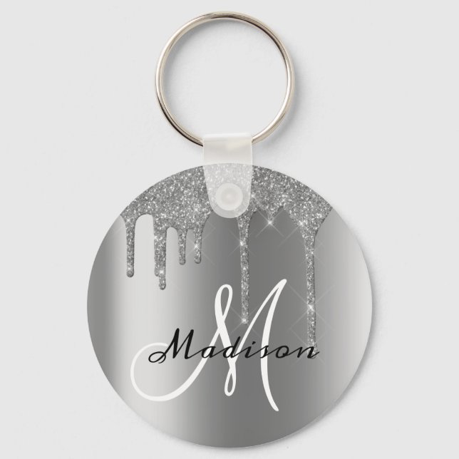 Silver Monogram Glitter Drips Pretty  Key Ring (Front)
