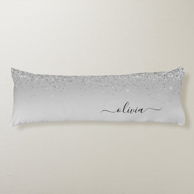 Silver Monogram Glitter Sparkle Girly Script Body Cushion (Front)