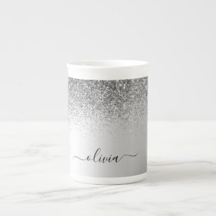 Silver Monogram Glitter Sparkle Girly Script Bone China Mug