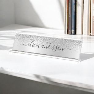 Silver Monogram Glitter Sparkle Girly Script Desk Name Plate