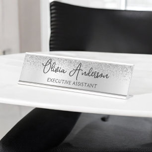 Silver Monogram Glitter Sparkle Girly Script Desk Name Plate