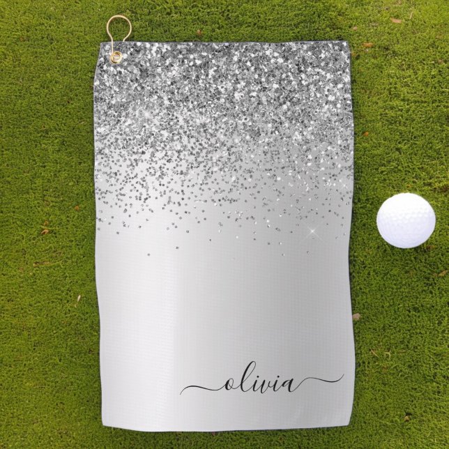 Silver Monogram Glitter Sparkle Girly Script Golf Towel (Creator Uploaded)