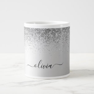 Silver Monogram Glitter Sparkle Girly Script Large Coffee Mug