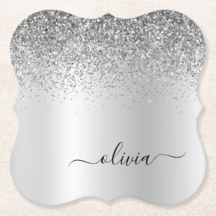 Silver Monogram Glitter Sparkle Girly Script Paper Coaster