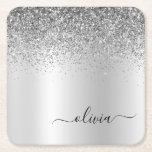 Silver Monogram Glitter Sparkle Girly Script Square Paper Coaster<br><div class="desc">Silver Faux Foil Metallic Sparkle Glitter Brushed Metal Monogram Name Paper Coasters. This makes the perfect graduation,  birthday,  wedding,  bridal shower,  anniversary,  baby shower or bachelorette party gift for someone that loves glam luxury and chic styles.</div>