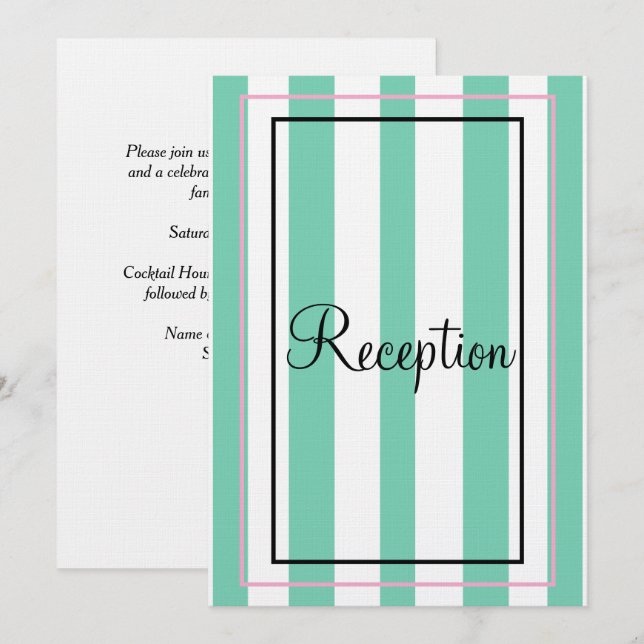 Silver Monogram Green White Stripes Reception Invitation (Front/Back)
