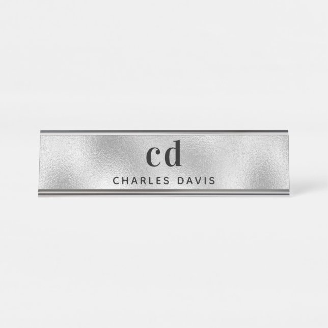 Silver monogram initials minimalist modern desk name plate (Front)