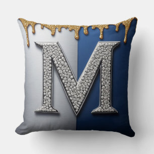 Silver Monogram Letter M Navy Gold Dripping Paint  Cushion