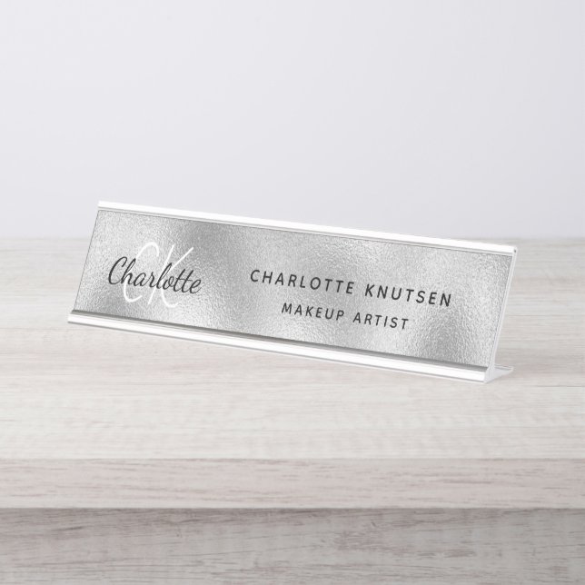 Silver monogram modern professional desk name plate (Front)
