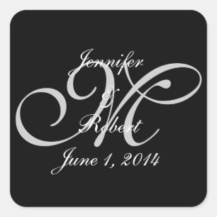 Silver Monogram on Black with Polka Dots Wedding Square Sticker