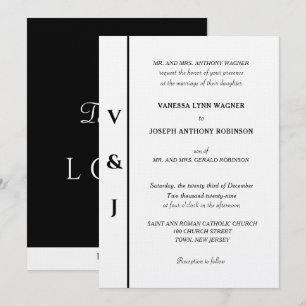 Silver Monogram White Black Wedding Invitation