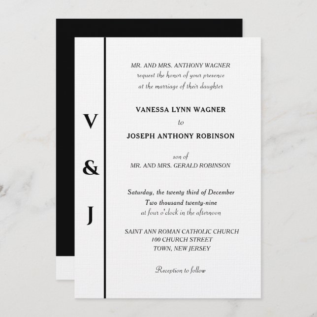 Silver Monogram White Black Wedding Invitation (Front/Back)