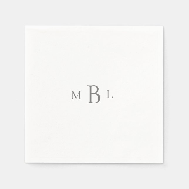 Silver Monogram White Elegant Wedding Cocktail Napkin (Front)