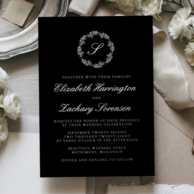 Silver Monogram Wreath Script Black Wedding (Creator Uploaded)