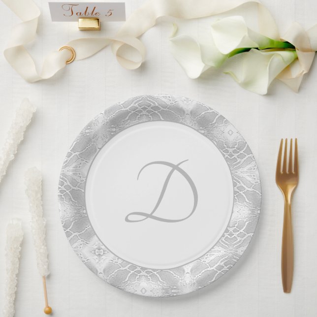 Silver Monogrammed Faux-Satin Paper Plate (Wedding)