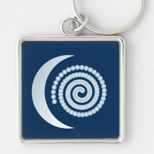 Silver Moon Spiral on dark blue Key Ring