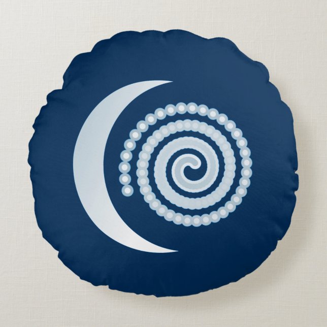 Silver Moon Spiral on dark blue Round Cushion (Front)