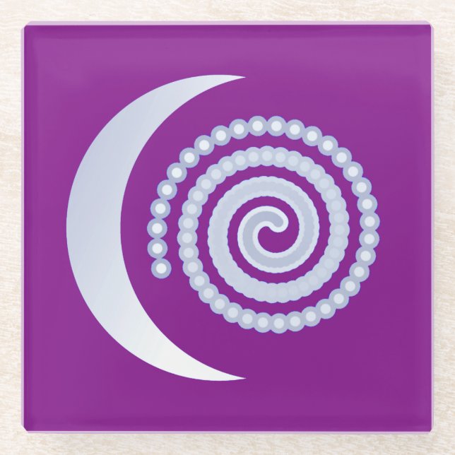 Silver Moon Spiral on purple Glass Coaster (Front)