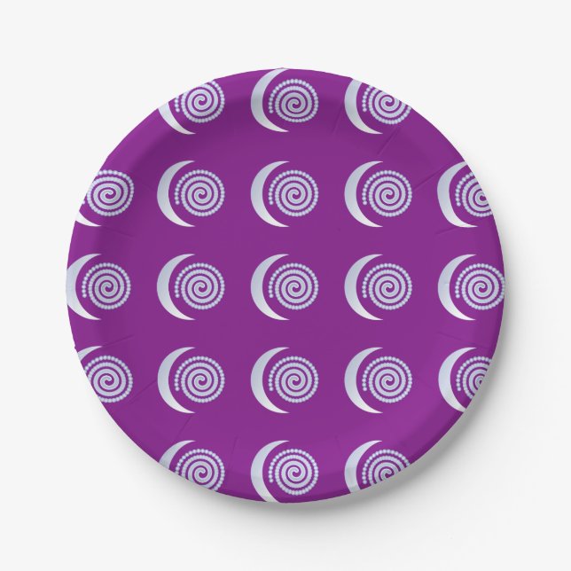 Silver Moon Spiral on purple Paper Plate (Front)