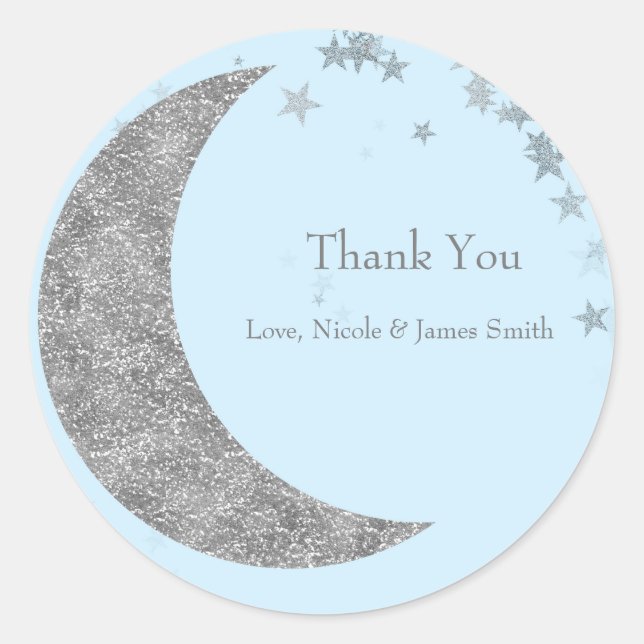 Silver Moon & Stars Baby Shower Blue Favour Classic Round Sticker (Front)