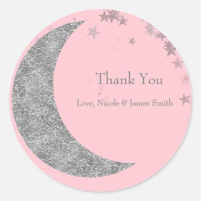 Silver Moon & Stars Baby Shower Pink Favour Classic Round Sticker (Front)