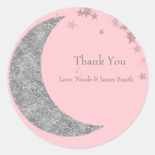 Silver Moon & Stars Baby Shower Pink Favour Classic Round Sticker