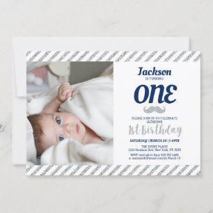 Silver, Moustache   Boy 1st Birthday Photo Invitation