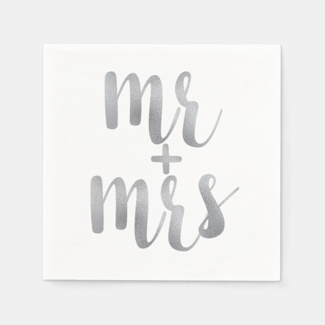 Silver Mr. & Mrs. cocktail napkins, foil font Napkin (Front)