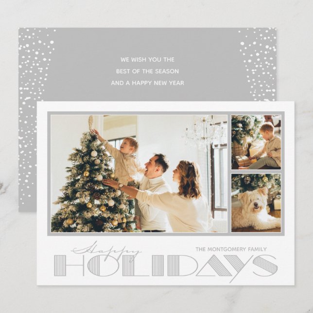 Silver Multiple Photo Happy Holiday Card (Front/Back)