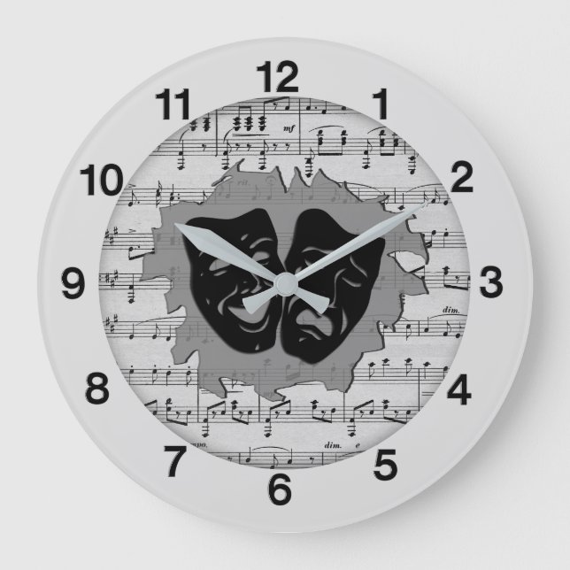 Silver Music and Theatre Masks Large Clock (Front)