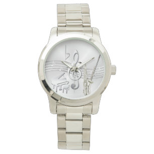 silver music instruments bracelet watch