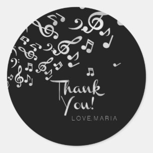 Silver Music Notes, Customised Thank You Classic Round Sticker