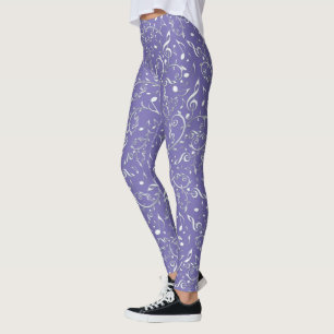 Silver Music Notes Floral On Purple Leggings
