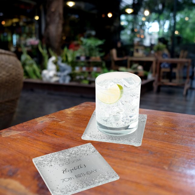 Silver name elegant birthday glass coaster (Creator Uploaded)