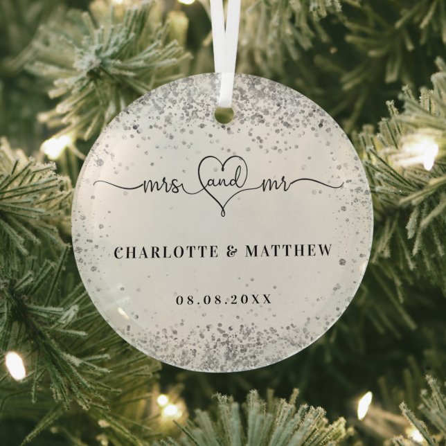Silver names mr mrs elegant newly weds glass tree decoration (Insitu)