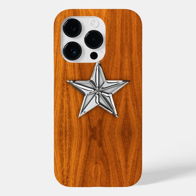Silver Nautical Star on Teak Veneer Decor Case-Mate iPhone Case (Back)