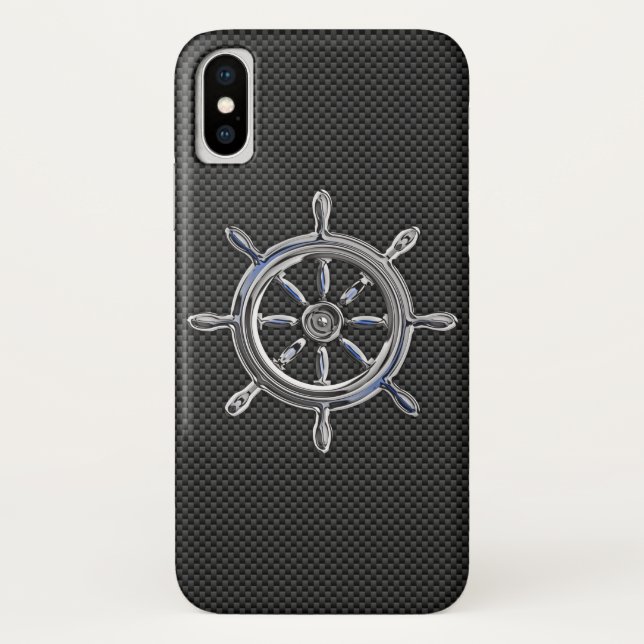 Silver Nautical Wheel on Black Carbon Fibre Case-Mate iPhone Case (Back)