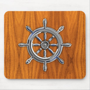 Silver Nautical Wheel on Teak Veneer Print Mouse Pad