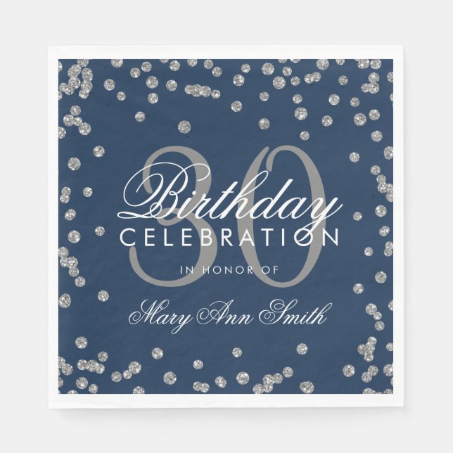Silver Navy Blue 30th Birthday Glitter Confetti Napkin (Front)