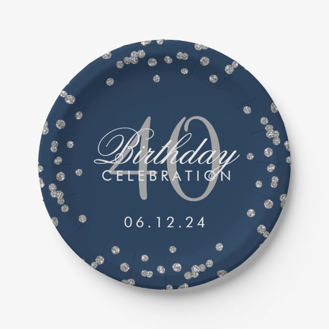 Silver Navy Blue 40th Birthday Glitter Confetti Paper Plate (Front)