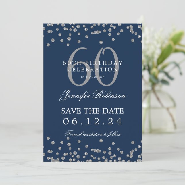 Silver Navy Blue 60th Birthday Save Date Details Invitation (Standing Front)