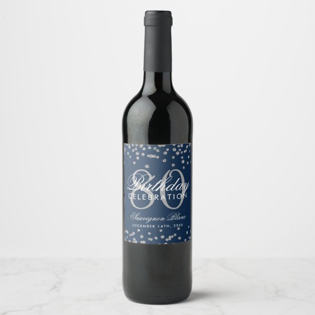 Silver Navy Blue 80th Birthday Glitter Confetti Wine Label (Front)