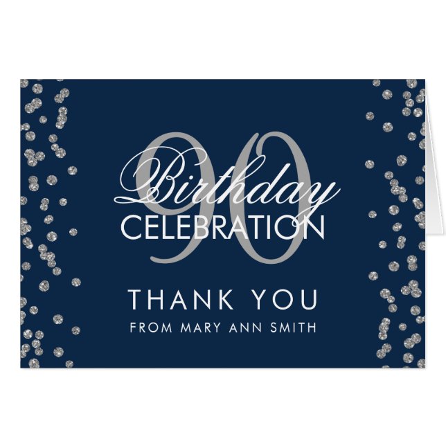 Silver Navy Blue 90th Birthday Thank you Glitter (Front Horizontal)